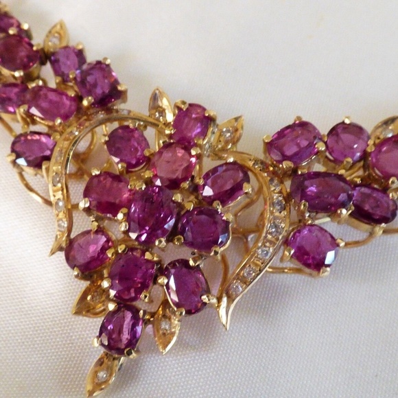 VTG Custom Made 14k yellow gold 16.55 TCW Ruby & Diamond Floral design Necklace - Picture 6 of 11